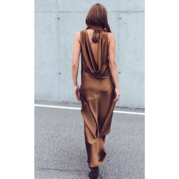 ZARA Bronze Maxi Dress back Bow Tie NWT size Medium - Picture 4 of 11